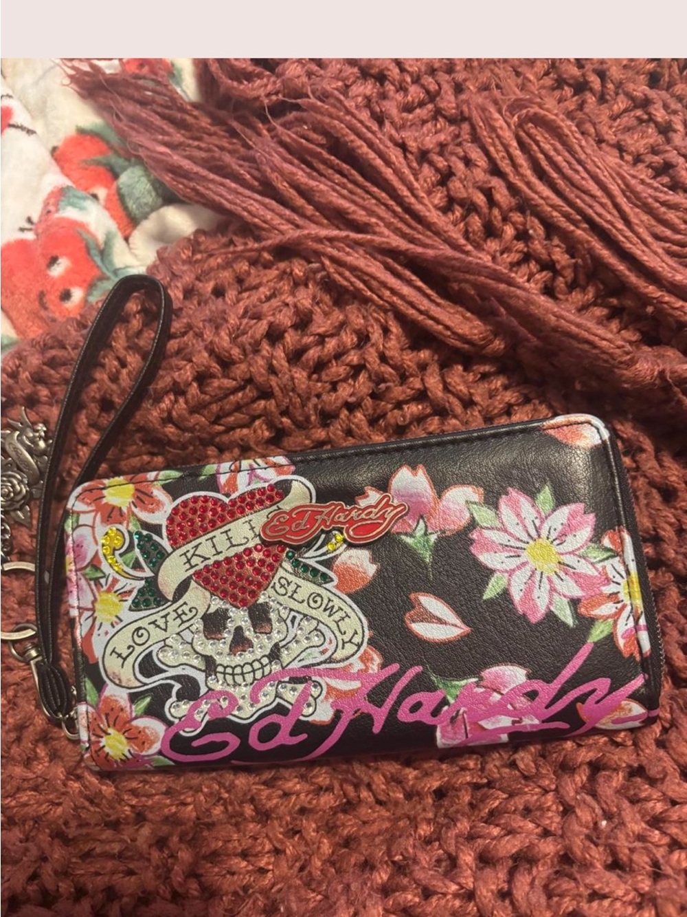 Ed Hardy Black Wristlet with Pink Floral Skull Graphics